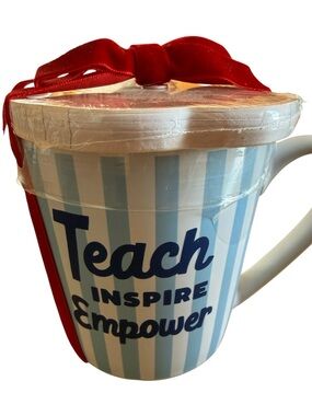 TEACHER APPRECIATION GIFT  “TEACH, INSPIRE, EMPOWER” COFFEE MUG & PAD BLUE WHITE